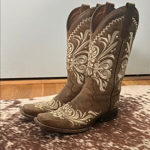 Brown and Cream Embroidered Cowboy Boots